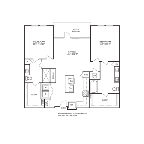 Floor plan for 2 beds, 2 baths, 1184 sqft